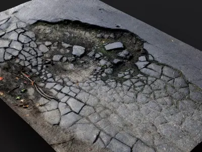 road destroyed asphalt cracked debris PBR photogrammetry 3D model