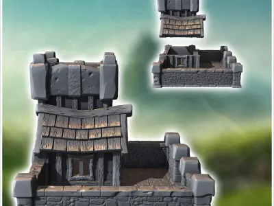 Medieval defense post with square stone tower low wall and tiled 3D print model