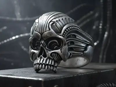 Giger Art Biomechanical Skull Head Cyberpunk Ring 3D print model