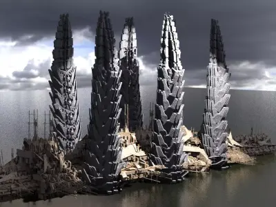 Sci-Fi City District Tower Kit bash 4 Low-poly 3D model