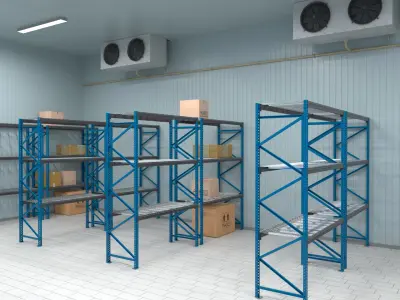  Cold Logistics Zone with Steel Shelves and Blue Wall Door 