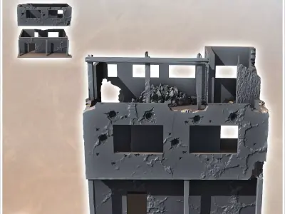 Ruined flat-roofed desert building with wooden pillars debris an 3D print model