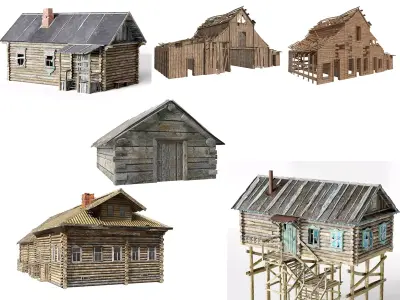 6 Old raw wooden house pack collection da1