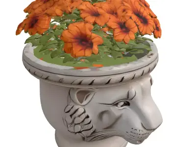 Lion Head Planter with Orange Flowers Low-poly 3D model