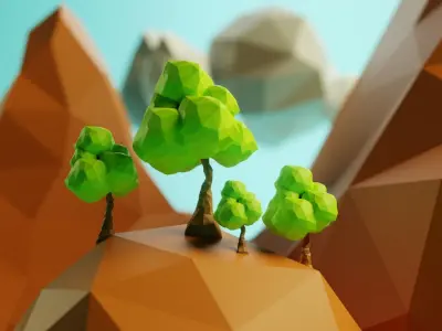 Stylized Low-Poly Mountain Terrain with Trees and Clouds Low-poly 3D model