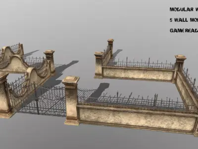 WALL SET stone with iron railings Low-poly 3D model