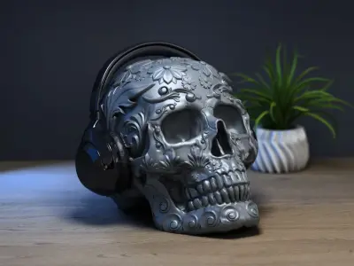 Ornament Skull Headphone Stand Cyborg Headset Stand 3D print model