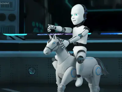  Humanoid Cyborg Child Riding Robotic Horse 