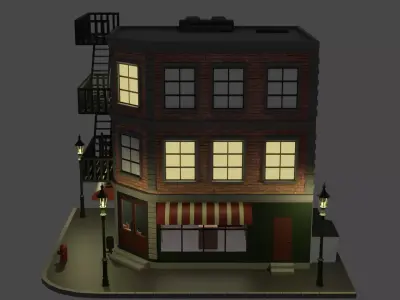 New York Styled Brownstone Corner Cafe Low-poly 3D model