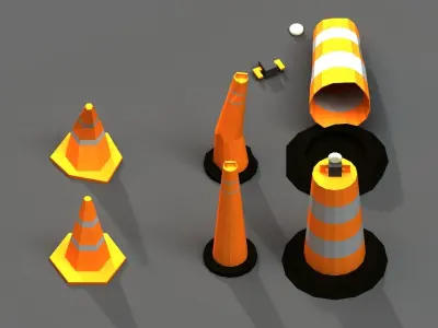 Post Apocalyptic Road Cones Pylons and Barrels Low-poly 3D model
