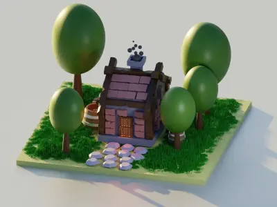 low poly house with trees and grass Low-poly 3D model