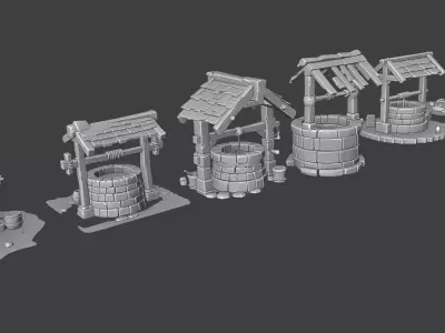 Stylized Medieval Wells Low-poly 3D model