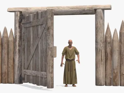  Medieval Wooden Gate and Monk 