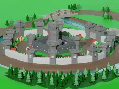 Low Poly Kingdom toy castle in middle of field Low-poly 3D model