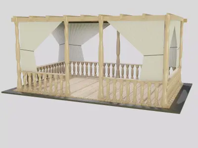 Pergola wooden gazebo with curtains 3D model