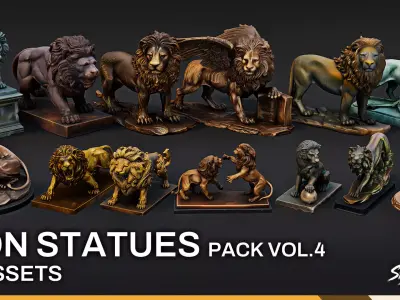 Lion Statues Pack VOL4 Low-poly 3D model