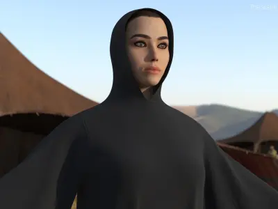  Muslim Woman in Hooded Abaya Black 