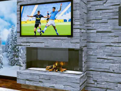 Fireplace with Window Wall Grey Stone Free 3D model