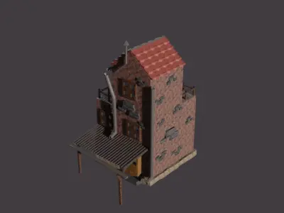 low-poly house brick building with roof Low-poly 3D model