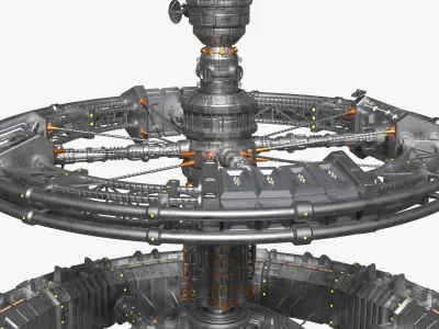  Vertical Axis Space Station with Dual Rotational Rings Metallic Gray 