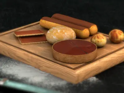 Pastries chocolates and on wooden cutting board Low-poly 3D model