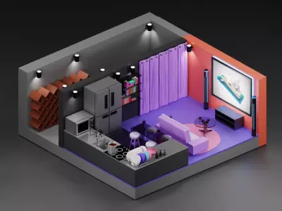 living room and kitchen room isometric  Low-poly 3D model
