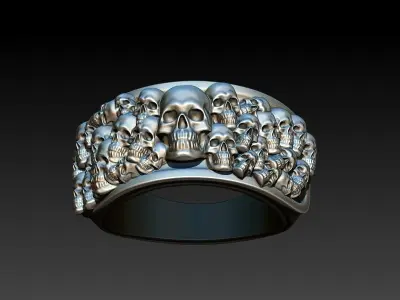 Ring multiple skulls mens silver band biker Hollow Jewelry 3D print model