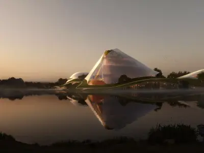 Futuristic Lakeside Cultural Center with Organic Landscape 3D model