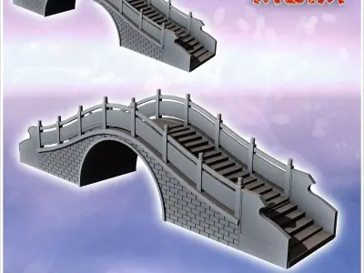 Asian brick bridge with wooden railing and stair steps 4 - Asian 3D print model