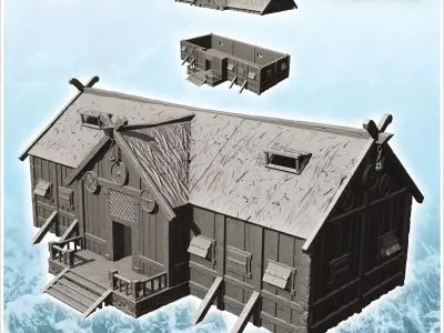 Wooden Viking building with access stairs and pediment chain 16  3D print model