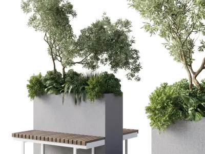 Urban Environment Urban Furniture Green Benches Plants and Tree  3D model