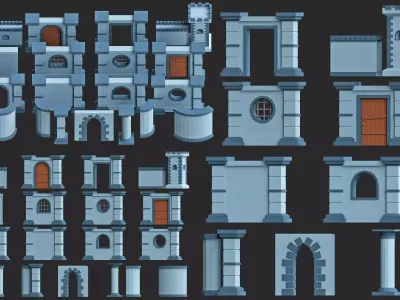 Cartoon modular walls pack low poly 3d model Low-poly 3D model