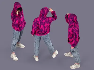 Wide Stance Gaze Girl in Casual Hoodie Jeans Joggers and Cap 3D model