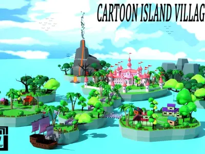 Cartoon island village T2 Low-poly 3D model
