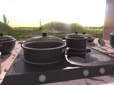 Cooking Set kitchen with pots and pans on counter 3D model