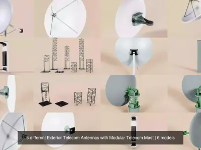 5 different Exterior Telecom Antennas with Modular Telecom Mast 3D Model Pack