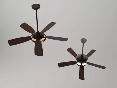 Vintage Dark Wood 5-Blade Ceiling Fan Set 3D model