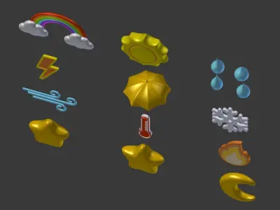 Cartoon Icons Pack - Weather Umbrella Cloud Sun Moon Star Drop Low-poly 3D model
