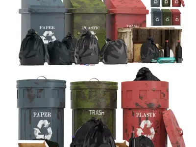 Garbage set trash cans and bags Low-poly 3D model