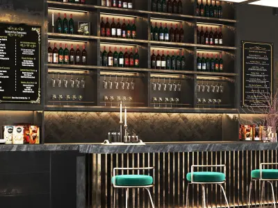 Cafe03 bar with shelves and railings Low-poly 3D model