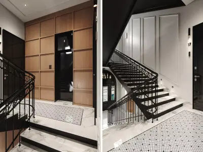 Beautiful entrance group and stairs in an apartment building 3D model