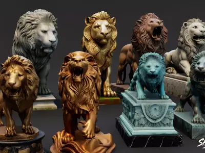 Lion Statues Pack VOL2 Low-poly 3D model