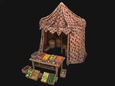Medieval Market Stalls Cylindrical Tent Fruits Vegetables Low-poly 3D model
