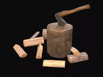 Axe stand and wood logs Low-poly 3D model