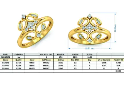 Gold Flower Shaped Ring with Diamonds 3D print model