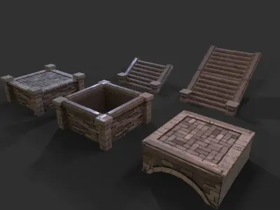 Modular medieval stone platforms for dungeon pack Low-poly 3D model
