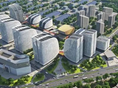 Modern Office Campus with Glass Towers and Central Plaza 3D model