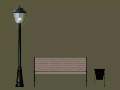 Low Poly Vintage Street Props Lantern Bench Trash Game Ready Free low-poly 3D model