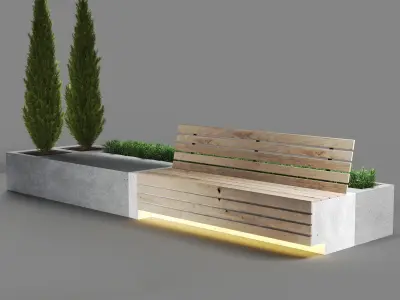 bench312 concrete bench with two trees in it 3D model