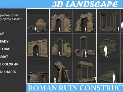 Low poly Ancient Roman Ruin Construction Pack - Brown Mossy Low-poly 3D model